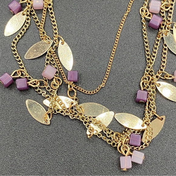 Pretty Dainty Multistrand Necklace with Gold Tone Leaves and Purple Square Beads - Picture 5 of 8